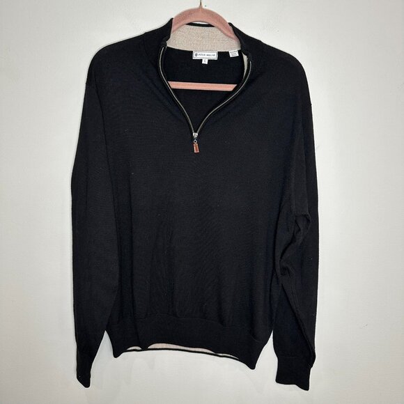 Peter Millar Merino Wool Sweater Large Black 1/4 Zip Long Sleeve Pullover Mens - Picture 1 of 9